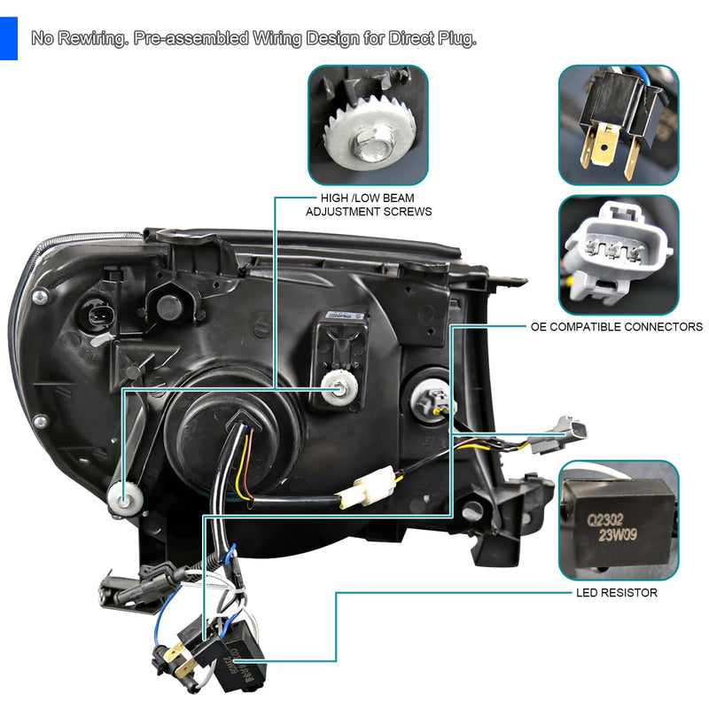 Chrome Projector Headlights Spec-D Tuning w/LED Tube Compatible with 2005-2011 Toyota Tacoma, Left + Right Pair Headlamps Assembly