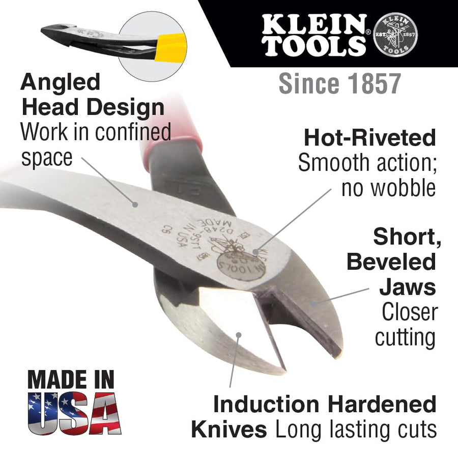 Klein Tools Pliers D248-8, Made in USA, Diagonal Cutting Multi-Purpose Pliers with Angled Head, High-Leverage Design, and Short Jaw, 8-Inch