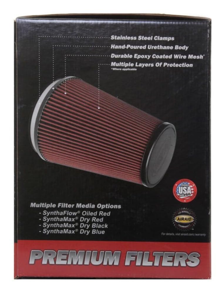 Universal Airaid Clamp-On Air Filter: Oval Tapered; 6 Inch (152 mm) Flange ID; 9 Inch (229 mm) Height; 10.75 Inch x 7.75 Inch (273 mm x 197 mm) Base; 7.25 Inch x 4.25 Inch (184 mm x108 mm) Top
