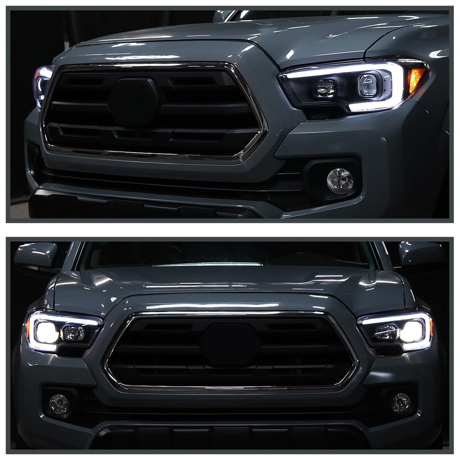 Black Projector Headlights SPEC-D TUNING w/Switchback LED Tube Signal Compatible with 2016-2023 Toyota Tacoma, Left + Right Pair Headlamp Assembly