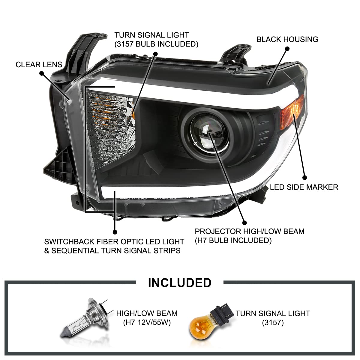 Black Projector Headlights SPEC-D TUNING w/Switchback Sequential LED Turn Signal Compatible with 2014-2021 Toyota Tundra, Left + Right Pair Headlamp Assembly