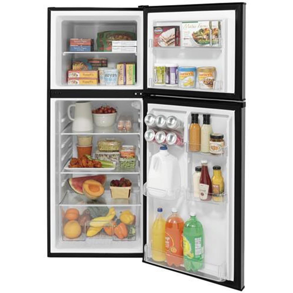 24" GE GPV10FSNSB Top Freezer Refrigerator with 9.93 cu. ft. Capacity 12V DC Power Only LED Lighting and Adjustable Spillproof Glass Shelves in Stainless Steel and Black