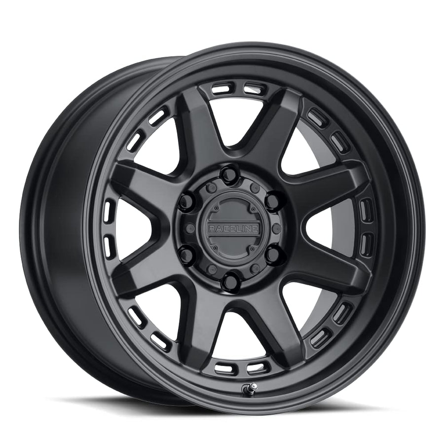 Satin Black Raceline Wheels 947B SCOUT Wheel 18X9"6X139.7 Bolt Pattern 0mm Offset/(4.75"B/S) 8 Spoke Aluminum Passenger Car Wheels, Full Size Replacement Black Car Rims