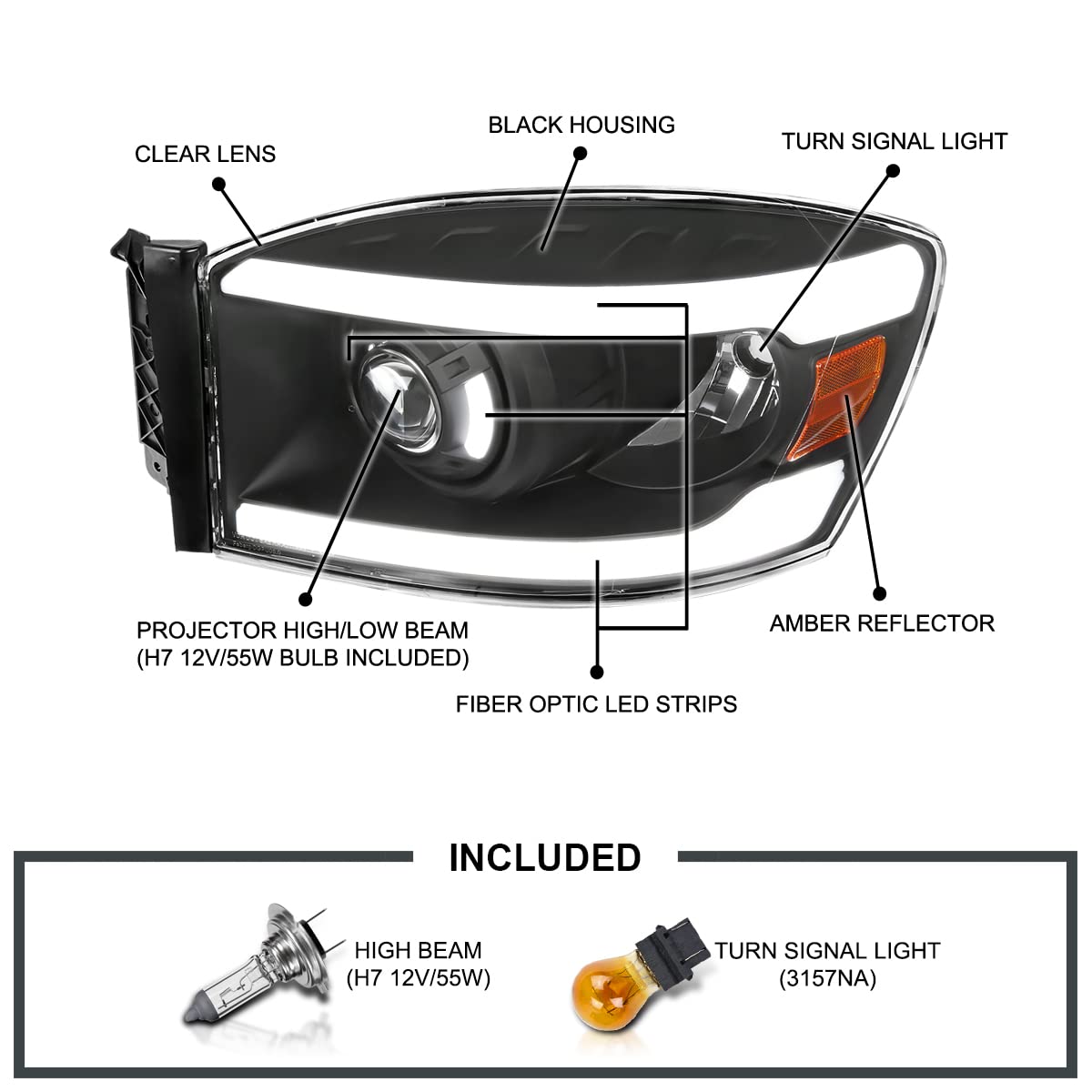 Black LED Tube Projector Headlights SPEC-D TUNING Compatible with 2006-2008 Dodge Ram 1500 2500 3500, Left + Right Pair Headlamps Assembly