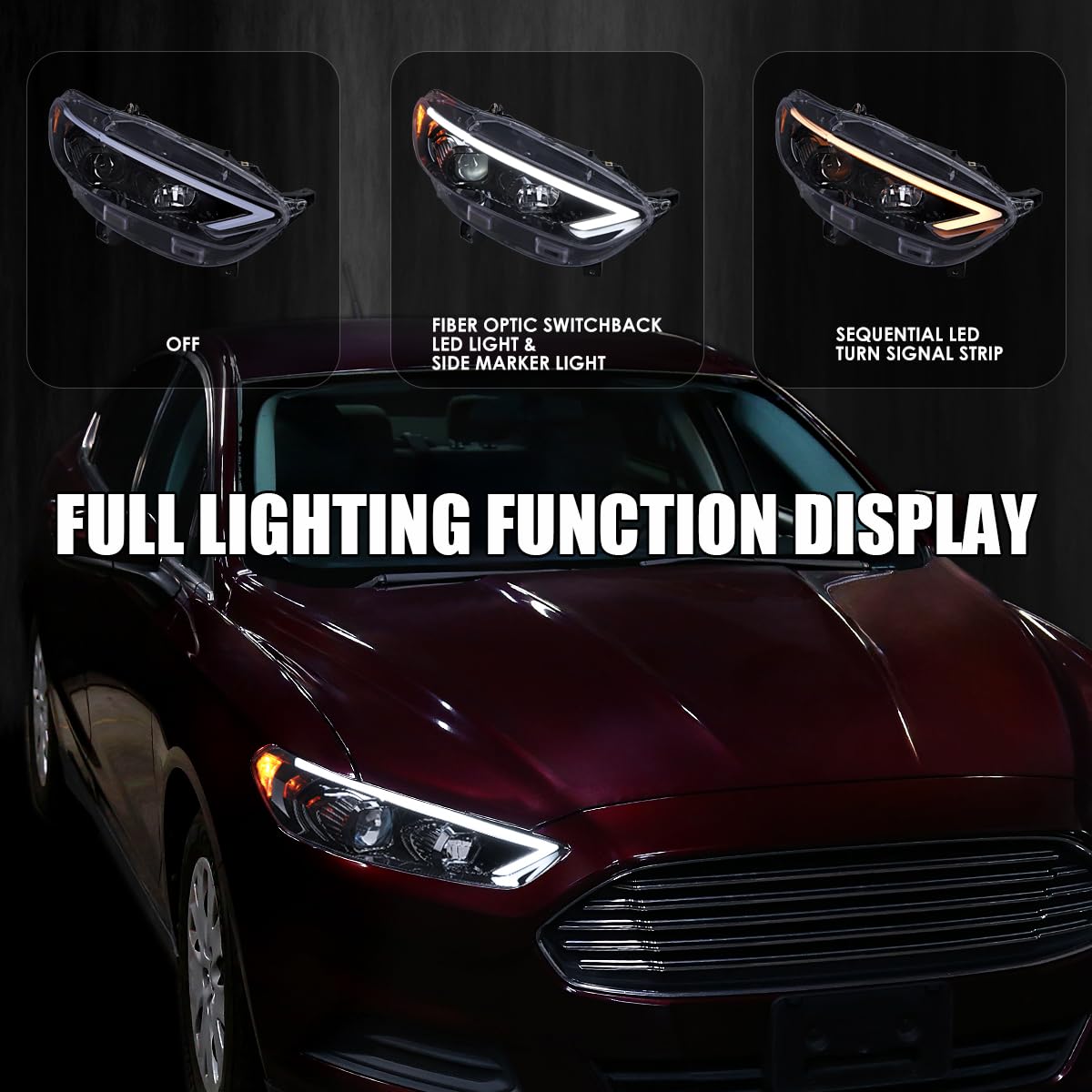Black Smoke SPEC-D TUNING Projector Headlights w/Sequential Switchback LED Tube Signal Compatible with 2013-2016 Ford Fusion, Left + Right Pair Headlamp Assembly