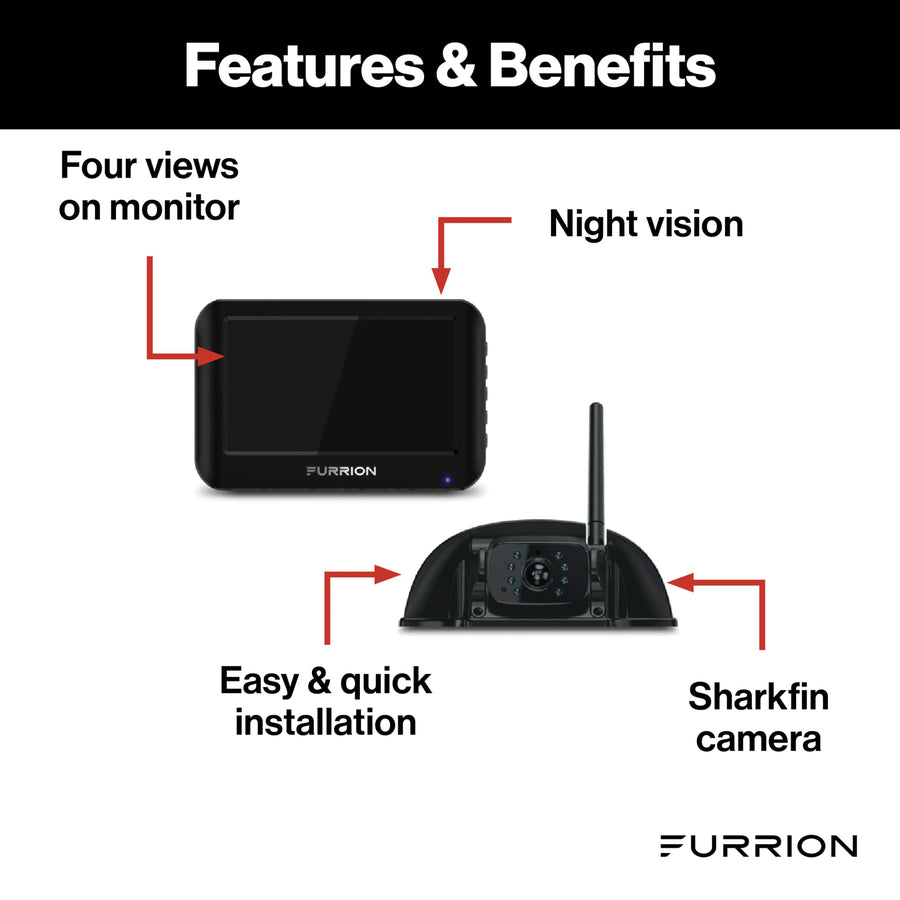 Furrion Wireless Vision S RV Backup Camera System with 4.3-Inch Monitor, 1 Rear Sharkfin, Infrared Night Vision, Wide-Angle View, Hi-Res, IP65 Waterproof, Motion Detection, Microphone - FOS43TASF