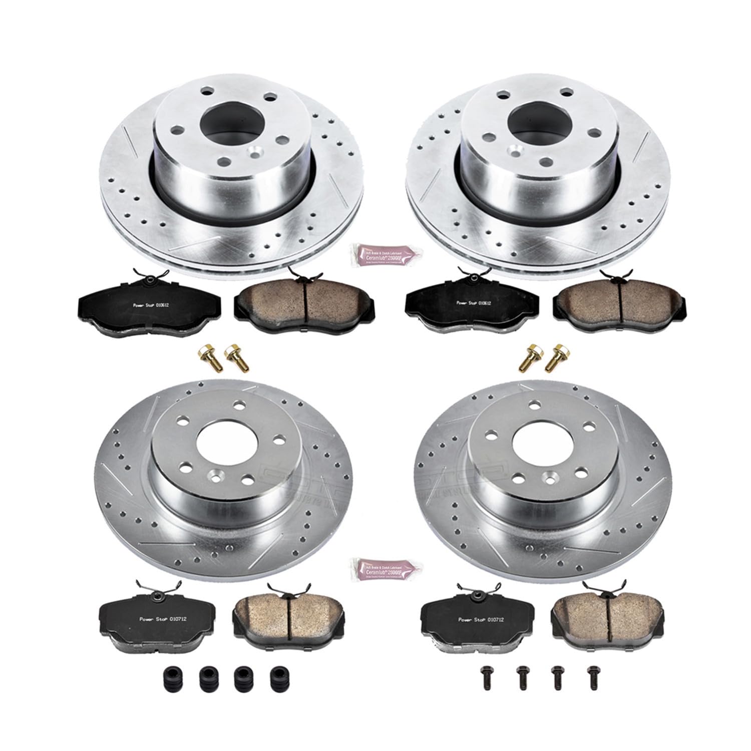 Power Stop K6153 Z23 Carbon Fiber Brake Pads Front and Rear with Drilled & Slotted Brake Rotors Kit For Land Rover Discovery 1999-2004 [Model Specific]