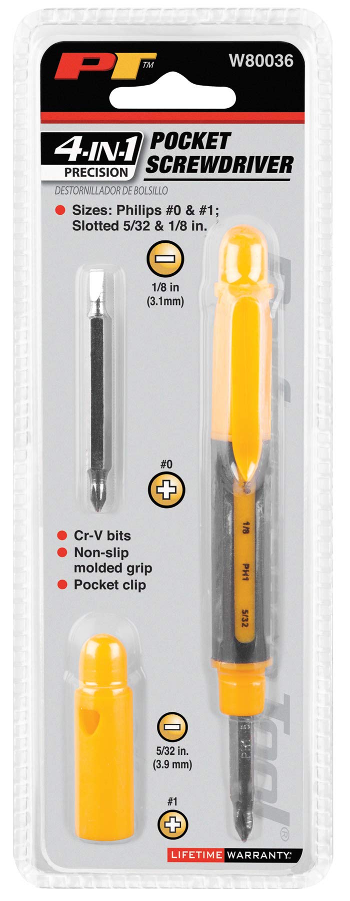 W80036 Performance Tool 4-In-1 Non-Slip Screwdriver Set with Chrome Vanadium Bits, Pocket Clip, and Phillips/Slotted Sizes #0, #1, 5/32-Inch, 1/8-Inch