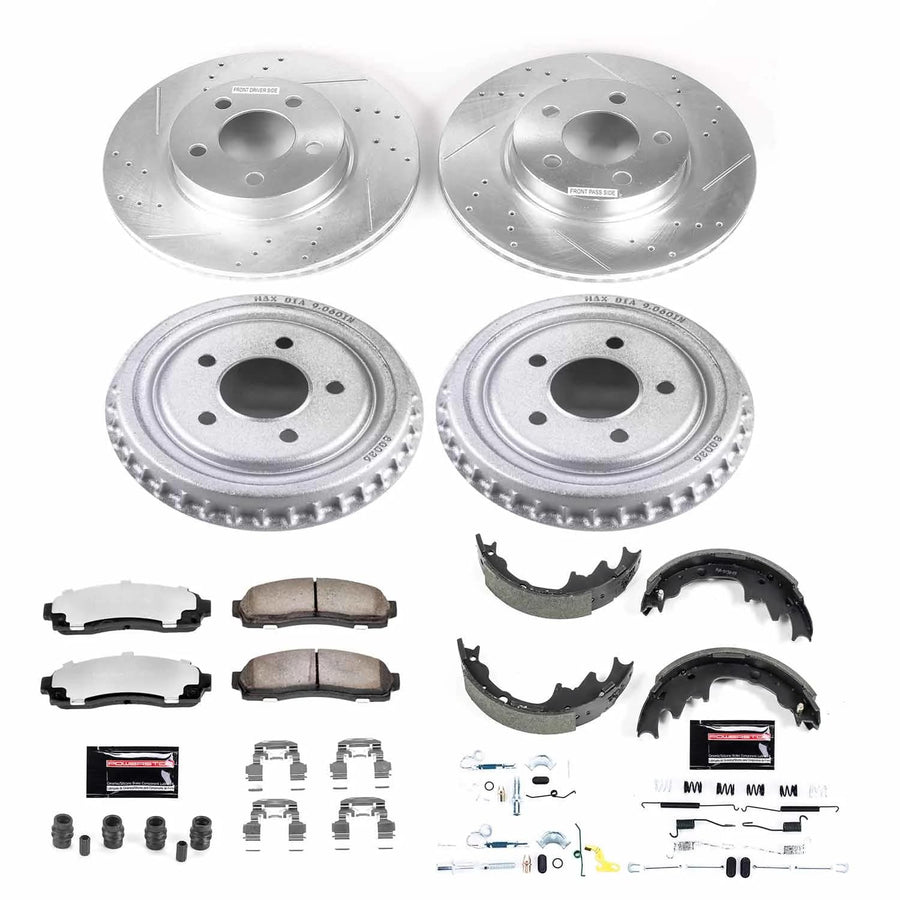 Power Stop Brake Kit Front and Rear For 2003 2004 2005 2006 2007 2008 2009 Ford Ranger - Truck & Tow Carbon Fiber Ceramic Pads, Drums, & Drilled and Slotted Rotors Replacement, K15150DK-36