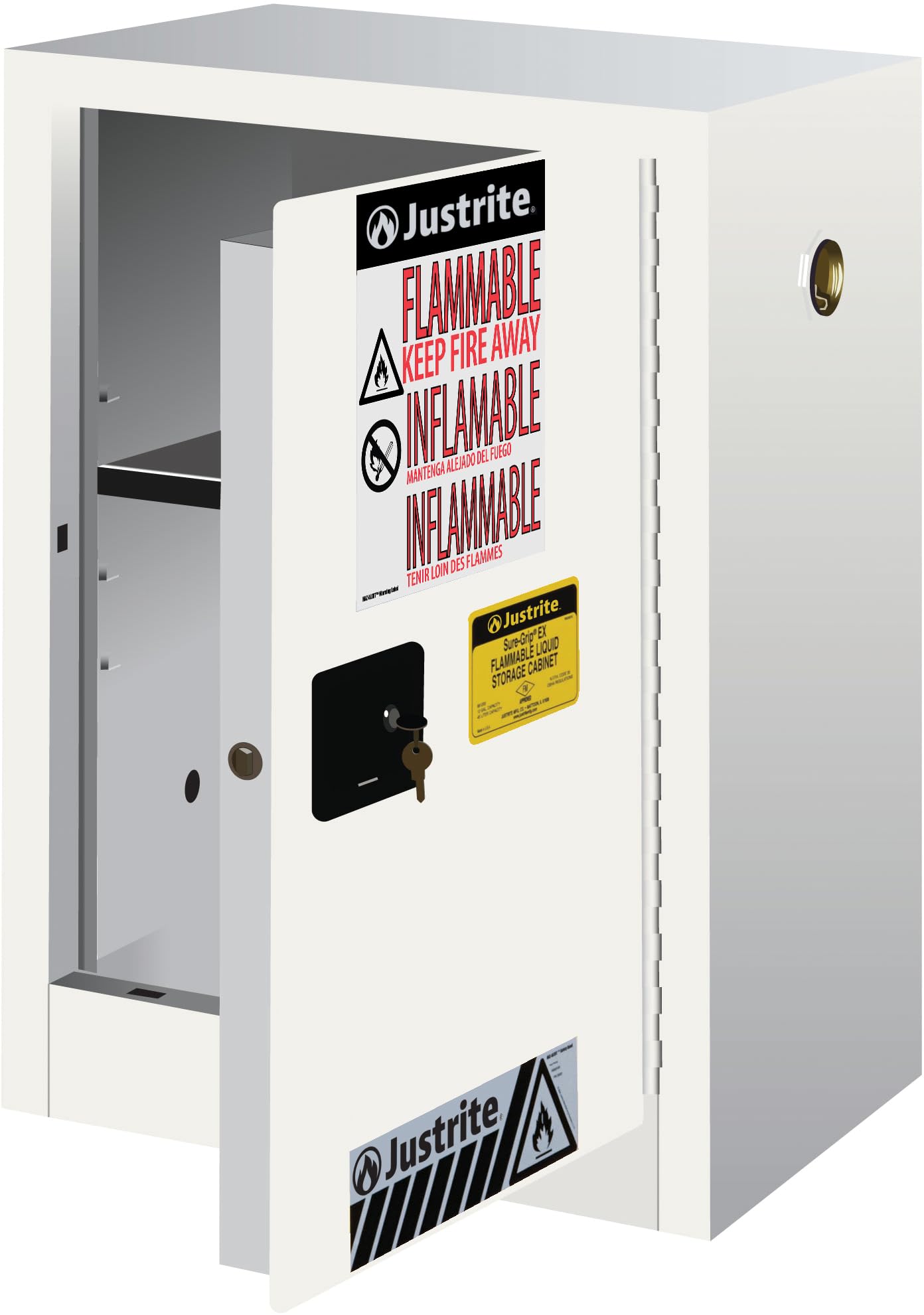Justrite 12 Gallon Flammable Storage Cabinet Manual Close Countertop, 18 Gauge Steel, 1 Shelf, 1 Door Fire Cabinet, 35" x 23" x 18", Made in The USA, White, 891205