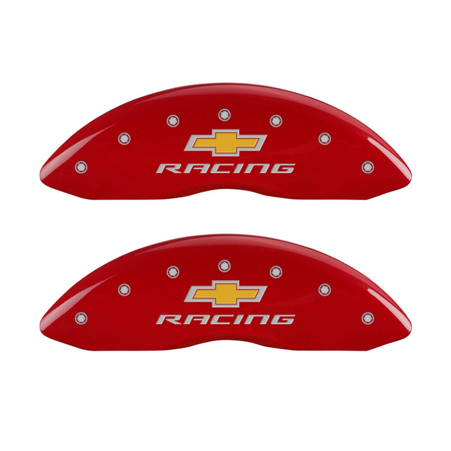 MGP Caliper Covers Red Powder Coat Finish 14006SBRCRD Front and Rear Caliper Cover, Set of 4 (Chevy racing Silver Characters, Engraved)