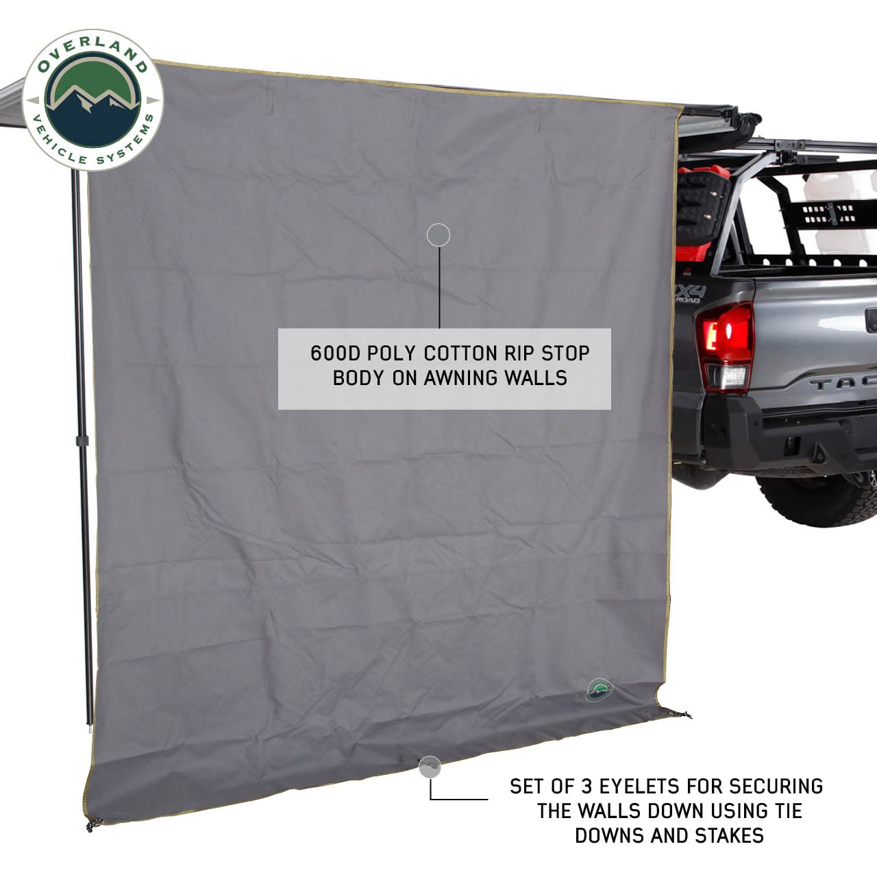 Nomadic Overland Vehicle Systems 6.5’ Awning Shade Wall - 280G Poly Cotton Rip Stop Grey Body, Green Trim - C Channel Attachment - Included Storage Bag