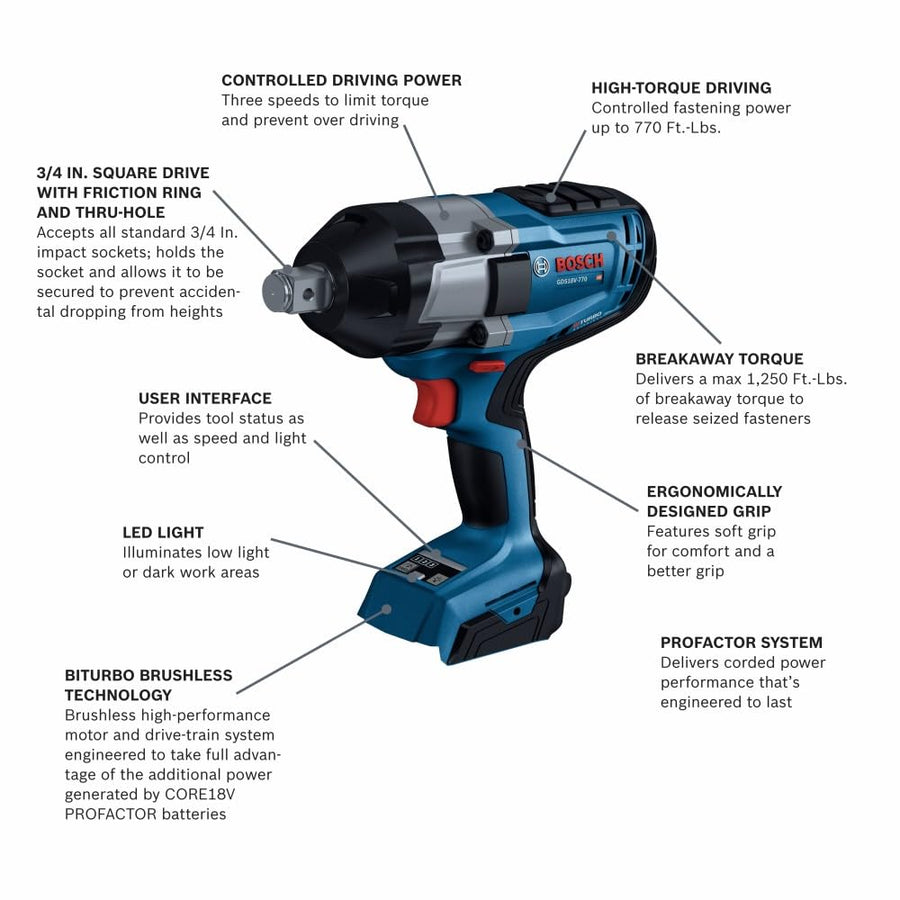 PROFACTOR™ BOSCH GDS18V-770N 18V 3/4 In. Impact Wrench with Friction Ring and Thru-Hole (Bare Tool)