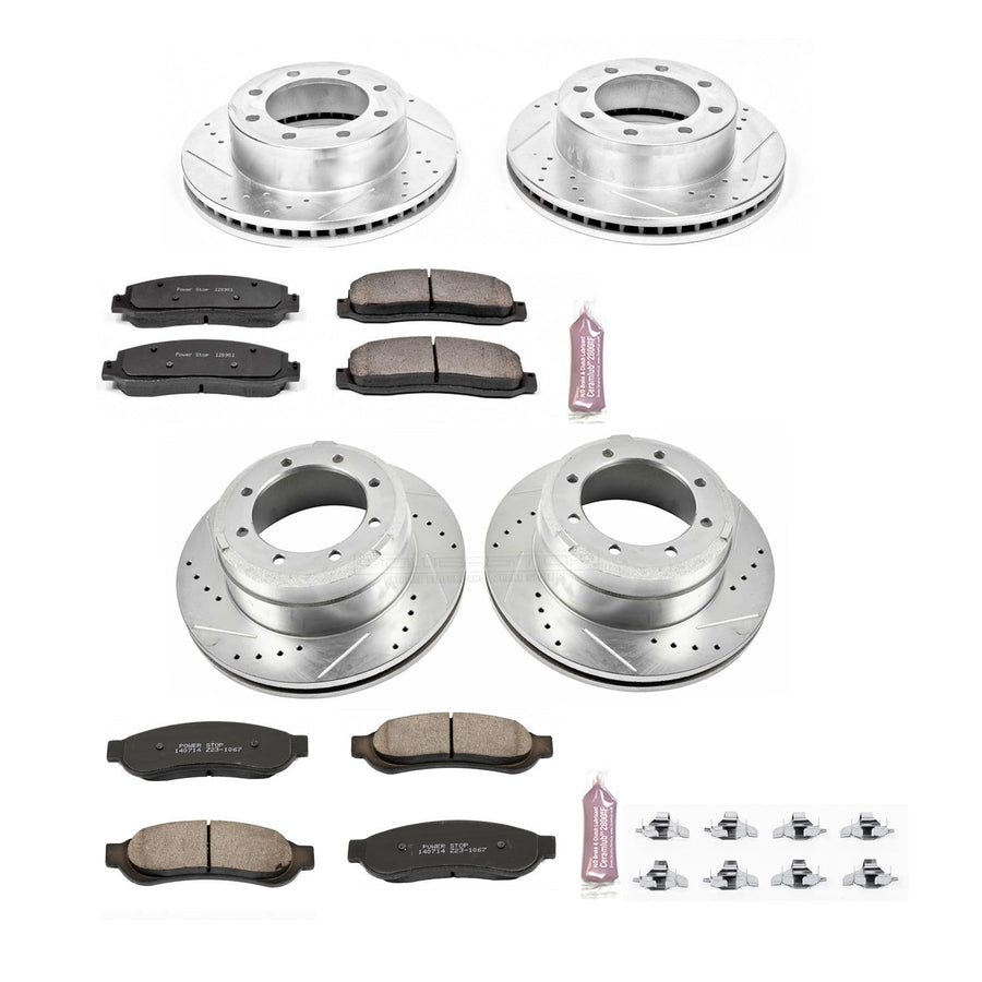 Power Stop K4033 Z23 Carbon Fiber Brake Pads Front and Rear with Drilled & Slotted Brake Rotors Kit For Ford F-350 Super Duty 2005-2010 [Model Specific]