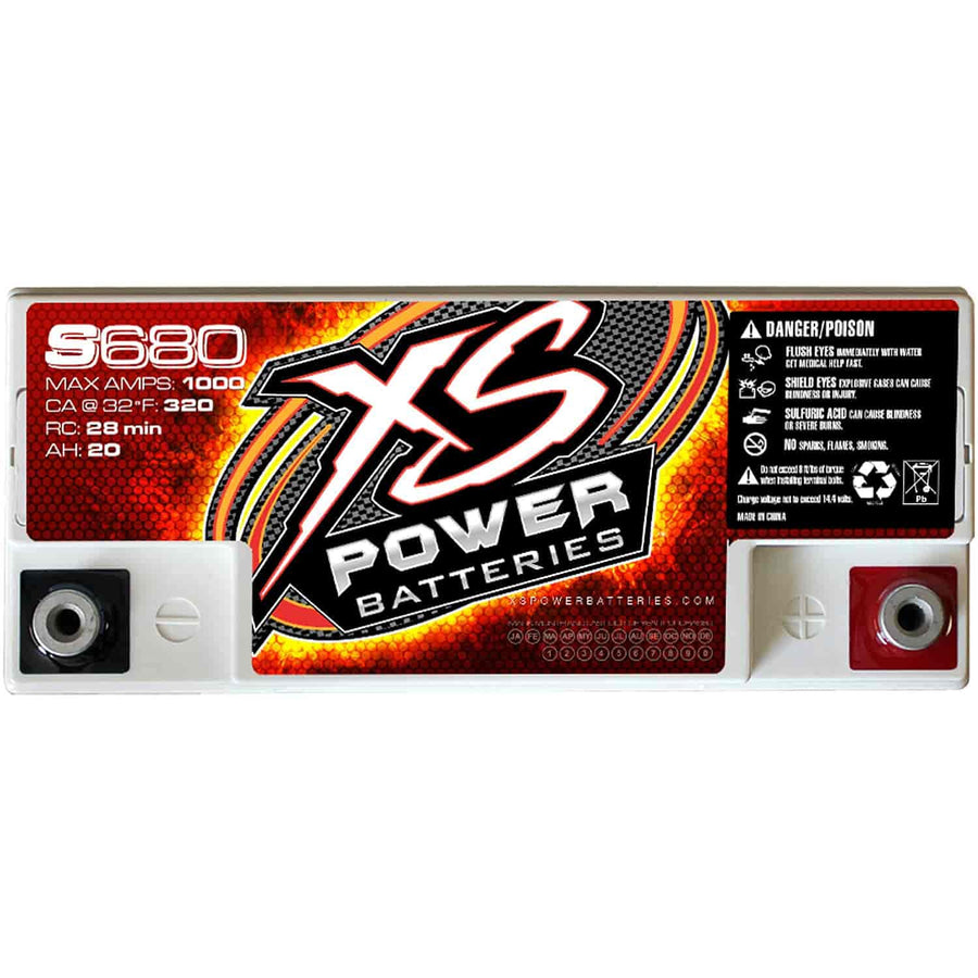1000 Amp XS Power S680 AGM Racing Battery with 586 & M6 Terminal Hardware - 12 Volt 20Ah 370CA Deep Cycle AGM Powercell for Performance Race Cars