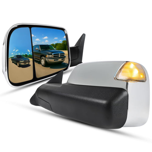 Spec-D Tuning Power Chrome Heated Towing Mirrors w/LED Turn Signal Compatible with 1998-2001 Dodge Ram 1500, 1998-2002 Dodge Ram 2500/3500, Left + Right Pair