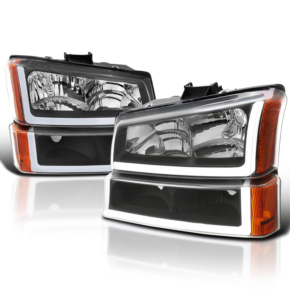Black LED Bar Headlights Spec-D Tuning Compatible with 2003-2007 Chevy Silverado, Left + Right Pair Headlamps Assembly
