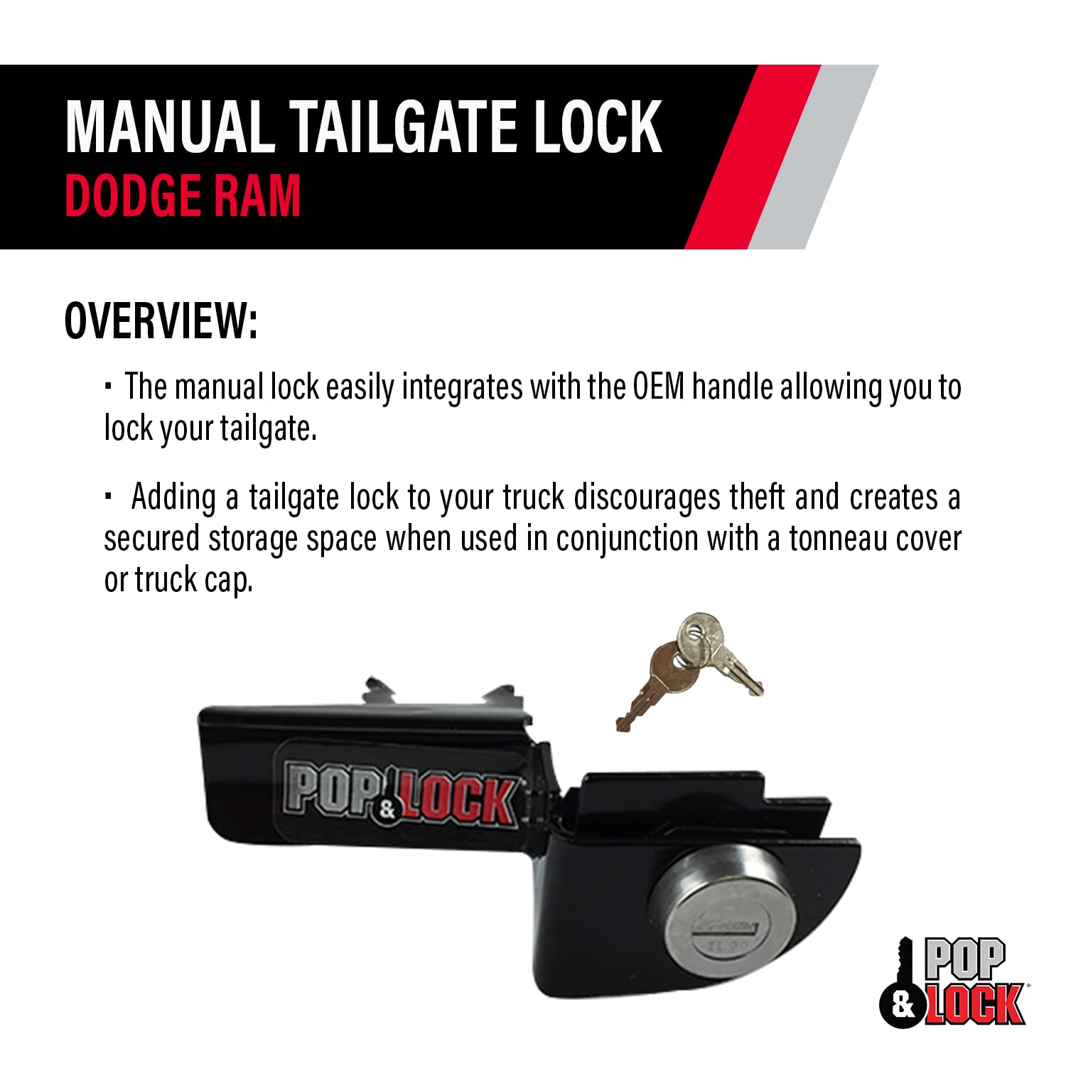 Manual Tailgate Lock – Pop & Lock for Dodge Ram 1500, 2500, and 3500, Fits 1994 to 2001 (Black, PL3300, Works with No Factory Lock)