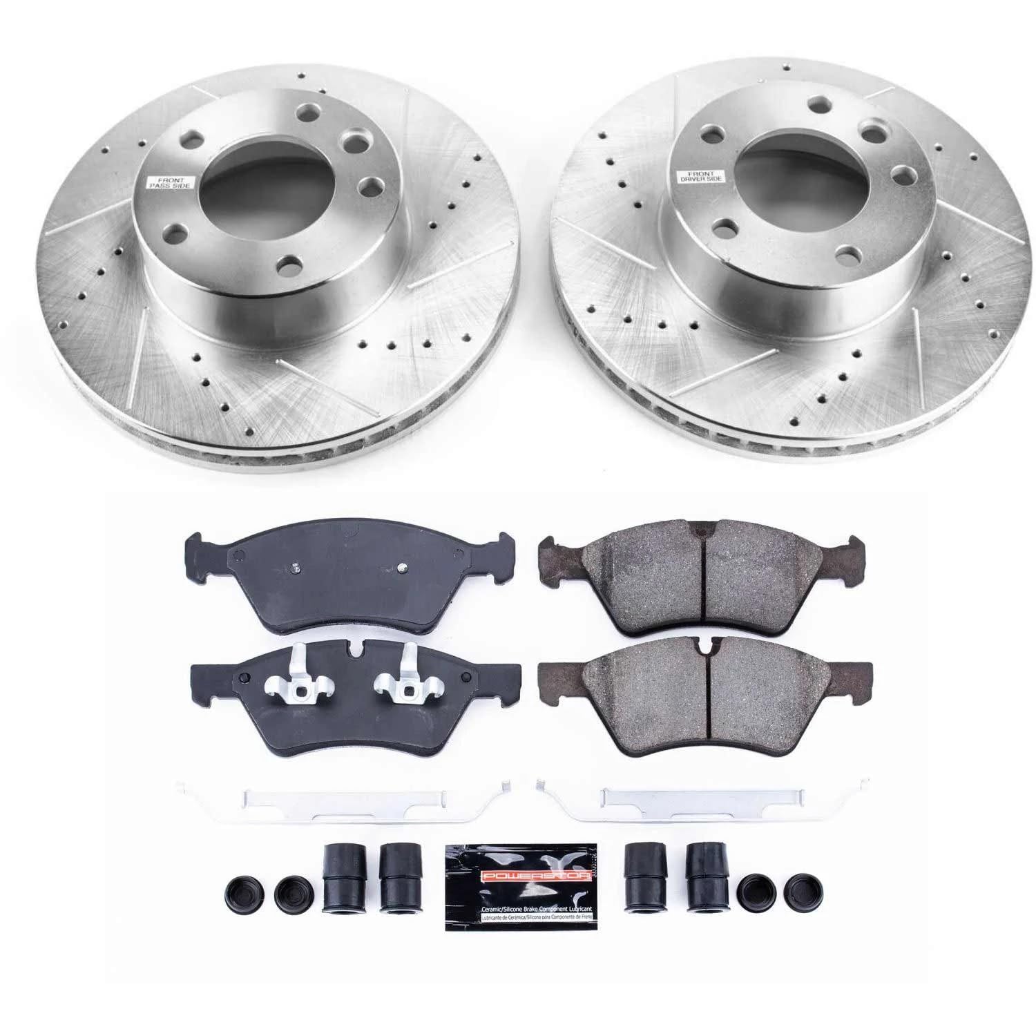 Power Stop K8420 Z23 Carbon Fiber Brake Pads Front with Drilled & Slotted Brake Rotors Kit For Mercedes-Benz G55 AMG 2005-2010 [Model Specific]