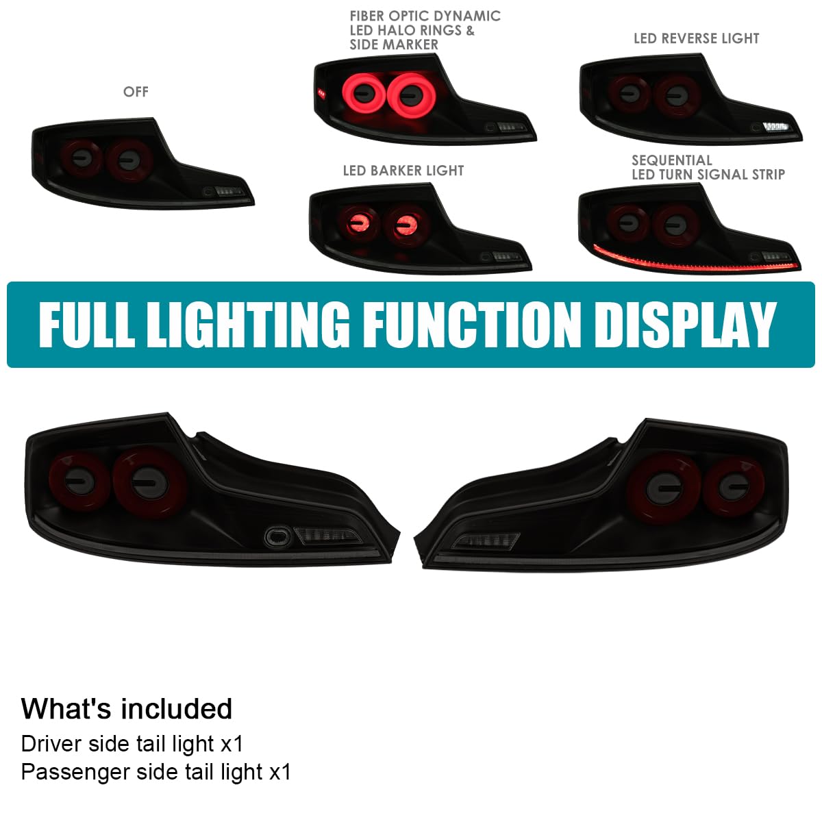Black Smoke SPEC-D TUNING Full LED Tail Lights w/Red Fiber Optic Halo Ring, Sequential Turn Signal, and Startup Animation Compatible with 2003-2007 Infiniti G35, Left + Right Pair Assembly
