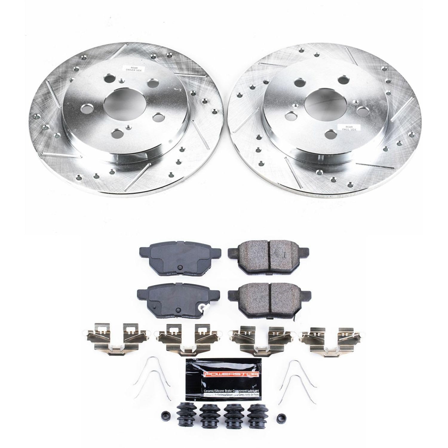 Power Stop K5503 Z23 Carbon Fiber Brake Pads with Drilled & Slotted Brake Rotors Kit Rear