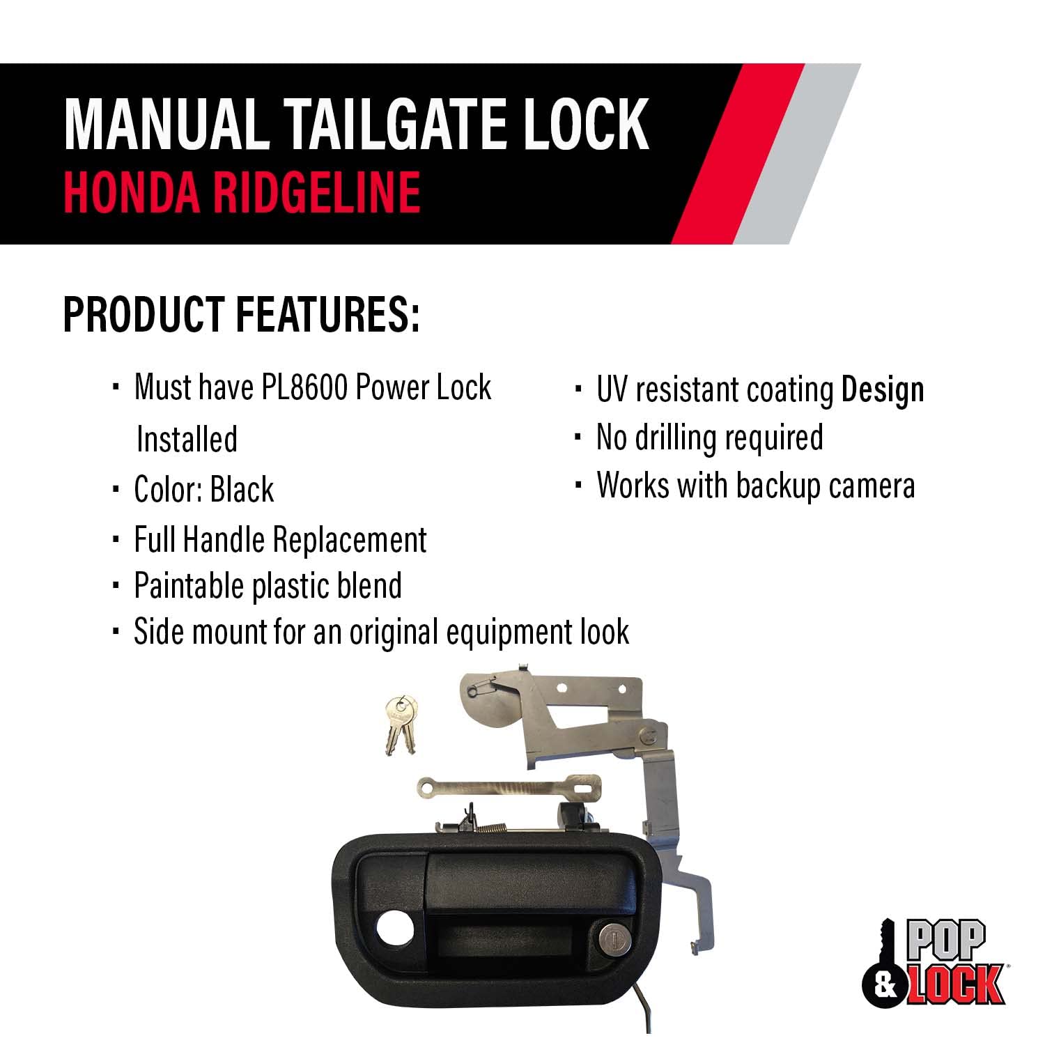 Manual Add-On Tailgate Lock Kit POP & LOCK – for Honda Ridgeline, Fits 2017 to 2019 (Black, PL6250, Must have a PL8600 Installed)