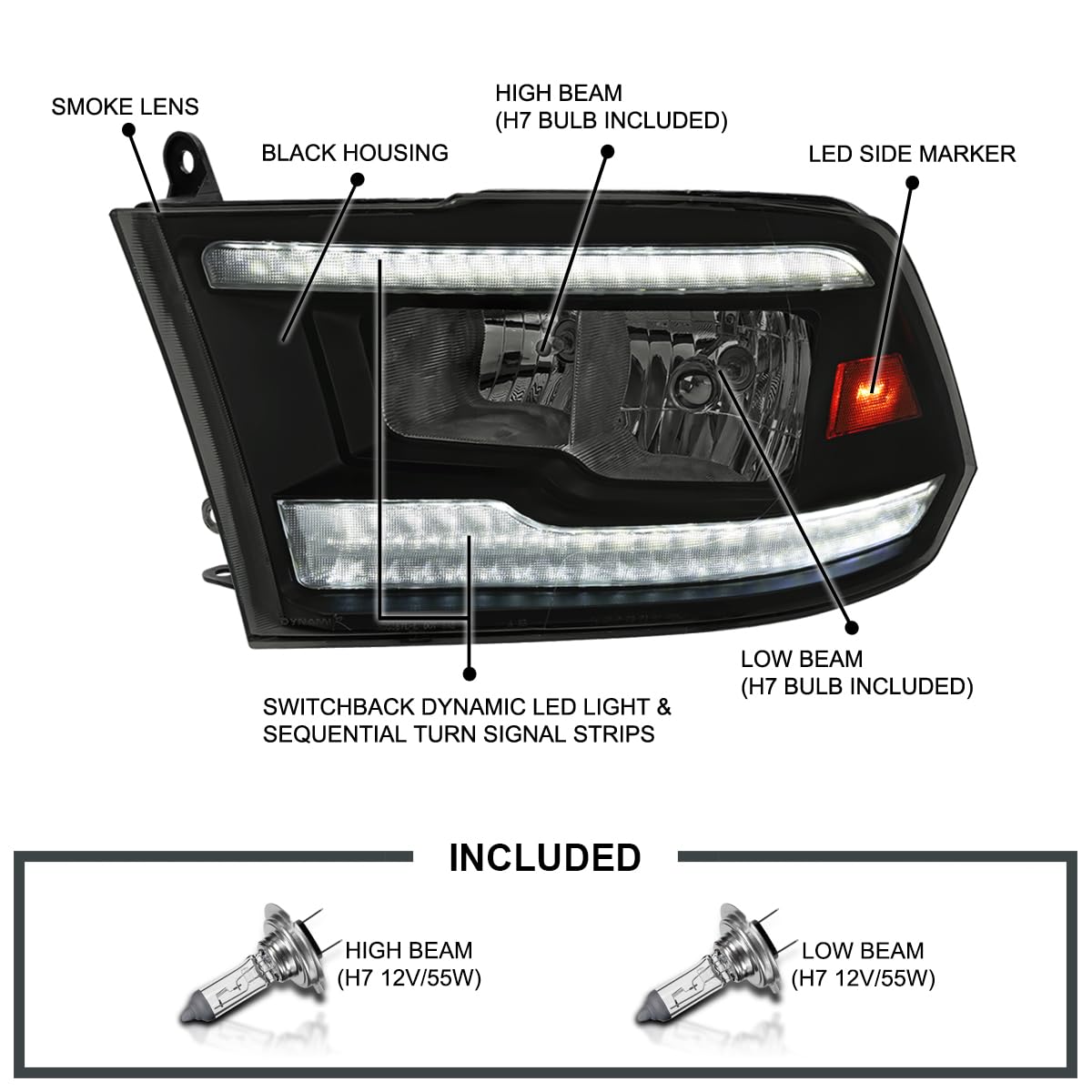 Black Smoke SPEC-D TUNING Switchback Sequential LED Signal Strip Headlights w/Startup Animation Compatible with 2009-2018 Dodge Ram 1500, 2010-2018 Ram 2500 3500, Left + Right Pair Headlamps Assembly