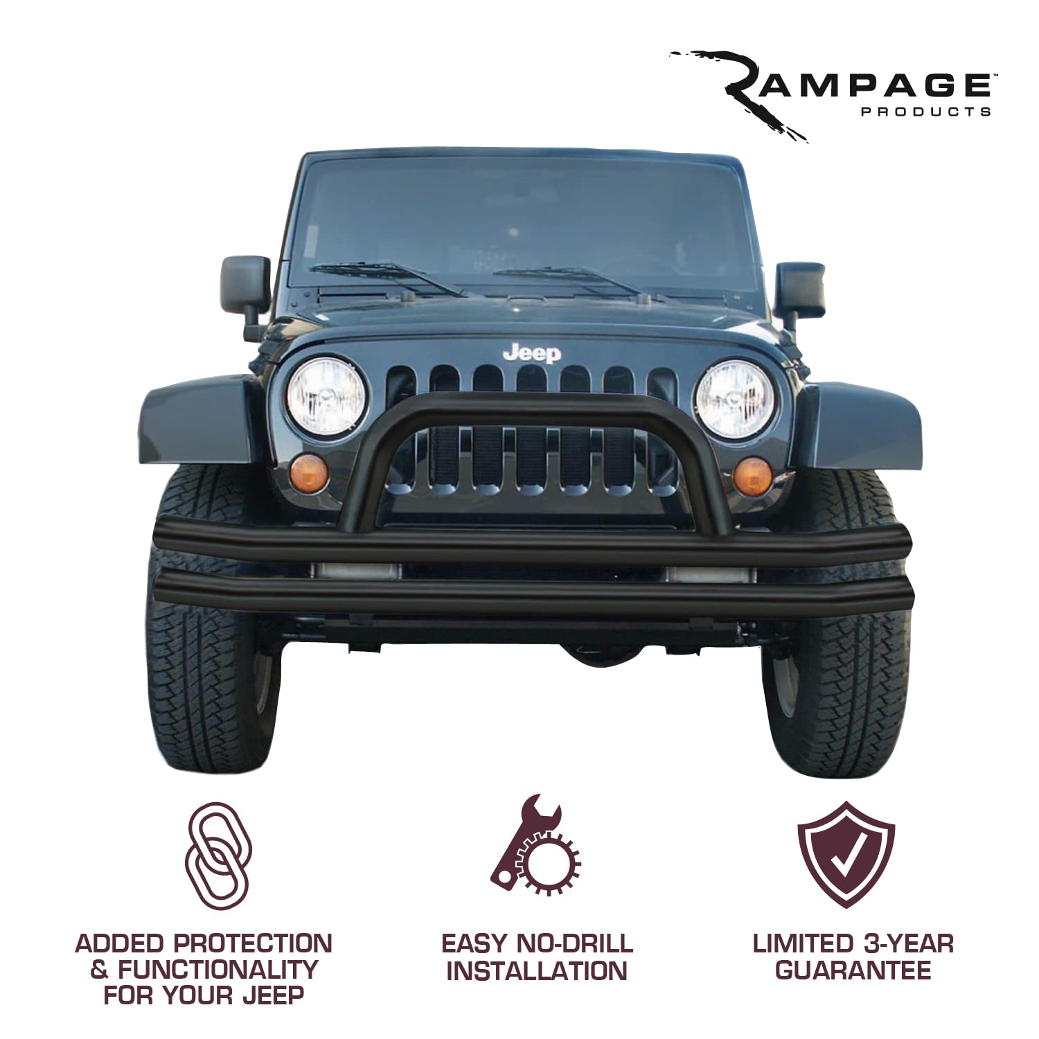 Double Tube Front Bumper RAMPAGE PRODUCTS for Jeep Wrangler JK/JL | Stinger, Light Pod, Steel, Black | 88625 | Fits 2018-2025 Wrangler JL/JLU / 2007-2018 Wrangler JK/JKU / 2020-2025 Gladiator JT