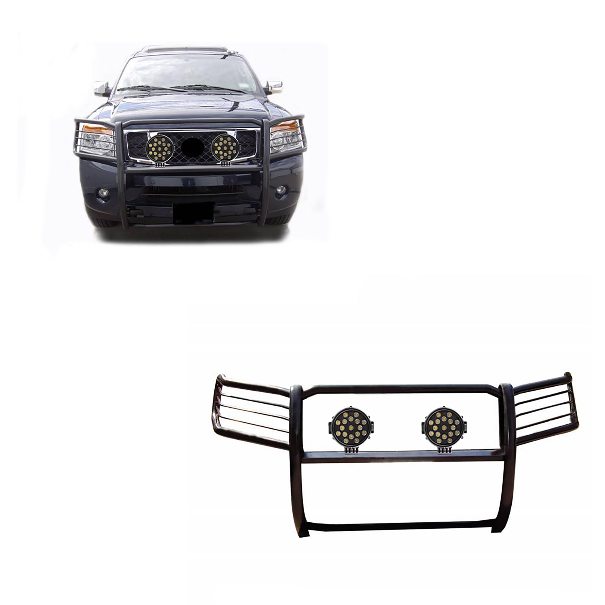 Bumper Guard Modular Black Horse Grille brush Come With pair of 7.0"Dia.LED Lights with Black Trim Rings Compatible with 2005-2015 Armada|2004-2015 Titan Crew Cab & King Cab-17NR26MA-PLB