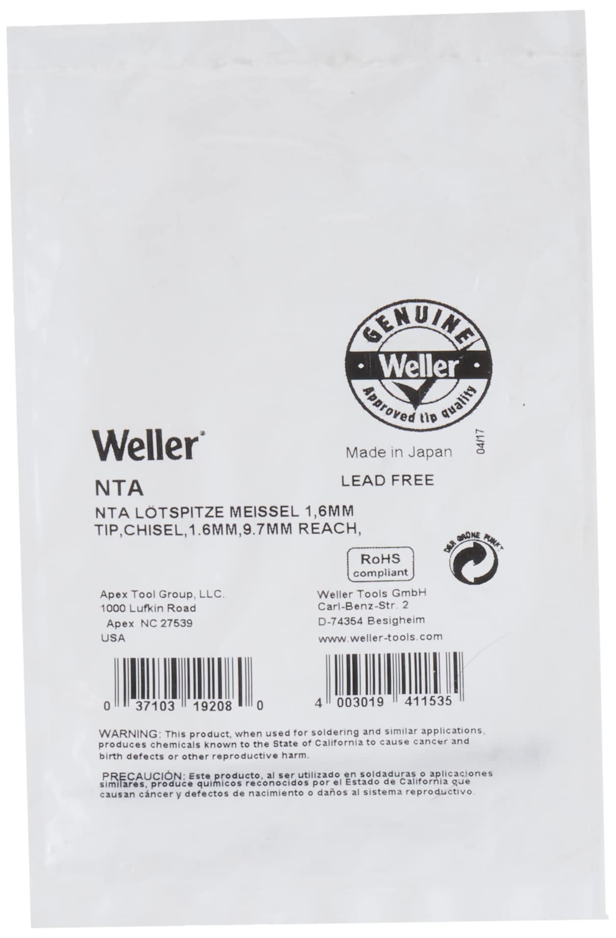 NTA Weller NT Series Chisel Solder Tip for WMP Iron, 0.063"