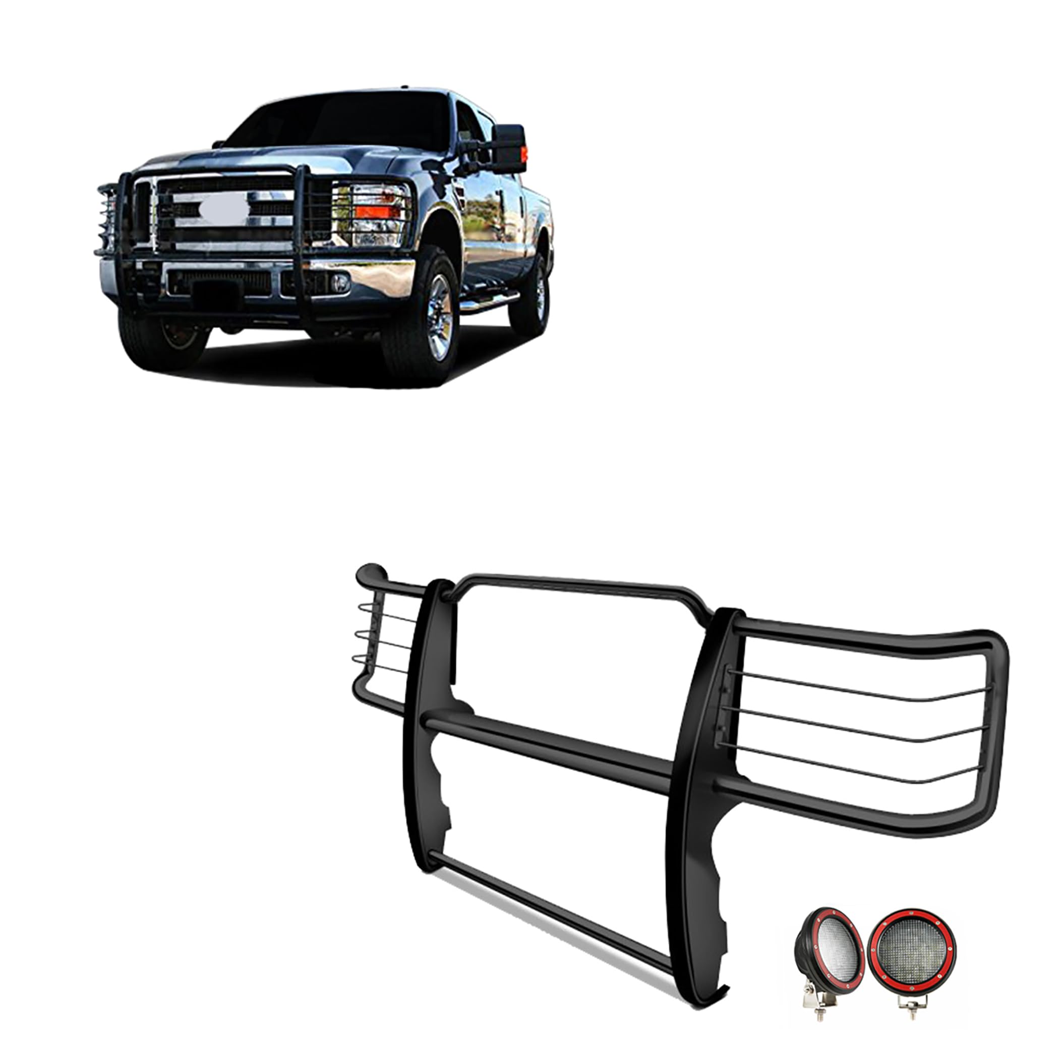 Bumper Guard Black Horse Grille Brush Modular Black Come with Pair of 5.3" Dia.LED Lights with Red Trim Rings Compatible with 2011-2014 Silverado 2500 HD|2011-2014 Silverado 3500 HD-17GT26MA-PLFR