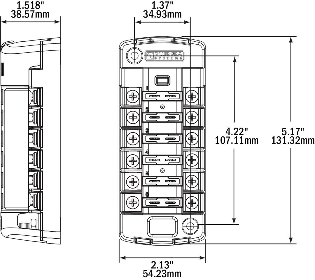 ST Blade Fuse Block Blue Sea Systems 5035 - Six Independent Circuits with Cover, 100 Amps