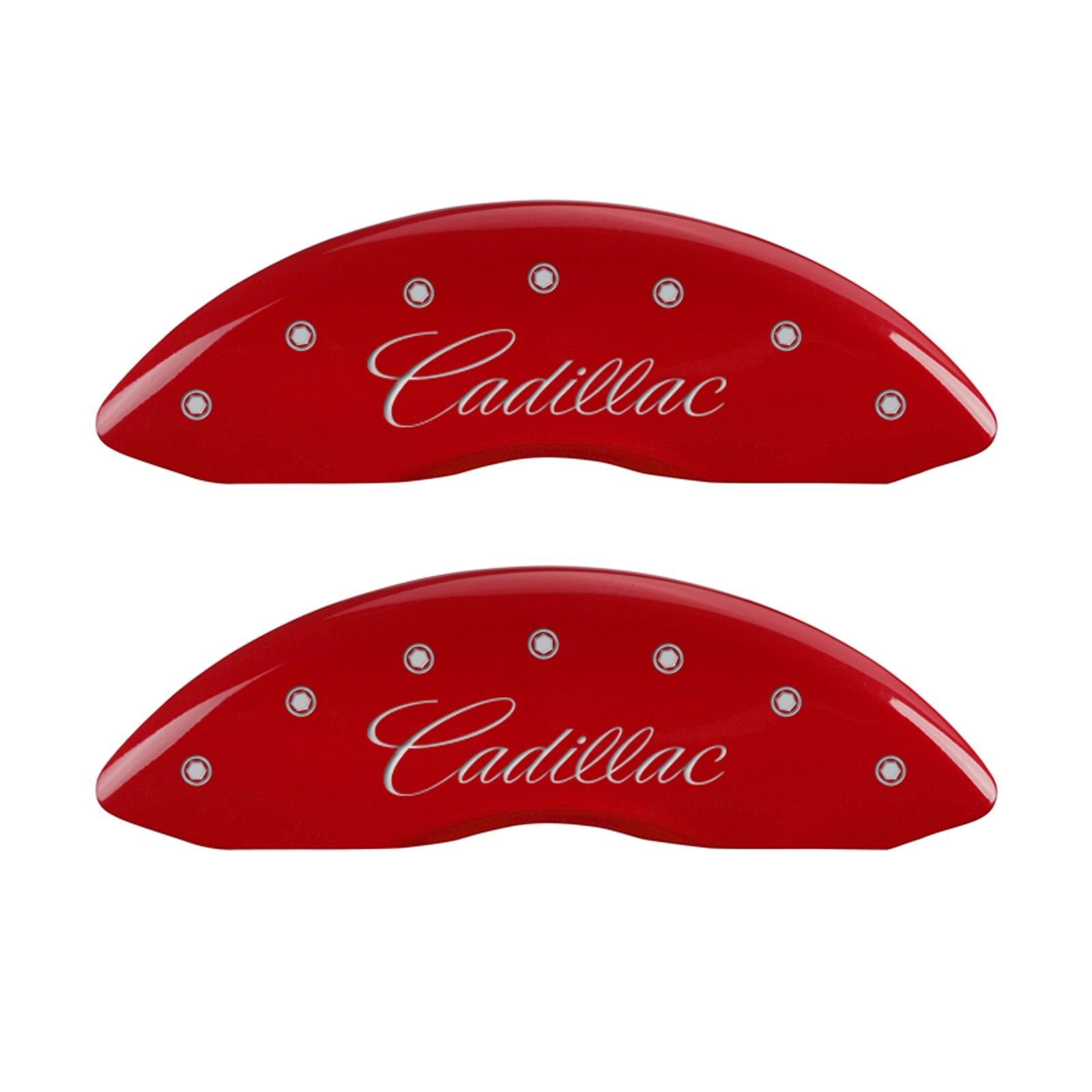 Caliper Covers MGP 35007SATSRD (Red Powder Coat Finish, Engraved Front: Cadillac - Engraved Rear: ATS, Silver Characters, Set of 4)