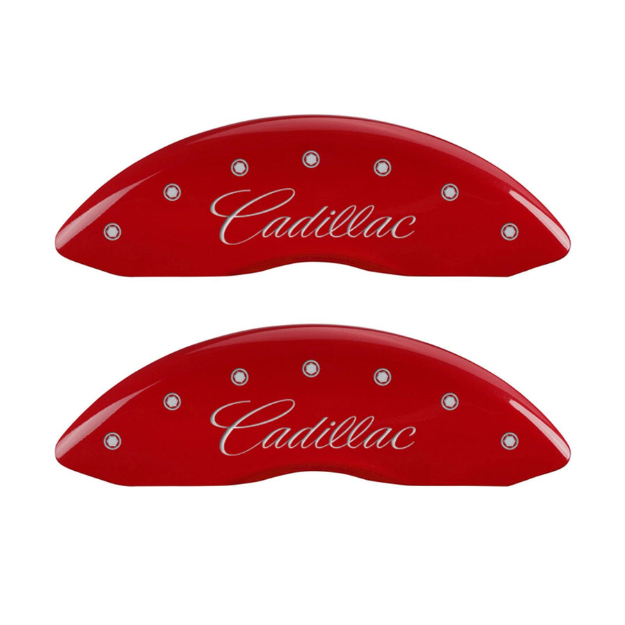 Caliper Covers MGP 35007SATSRD (Red Powder Coat Finish, Engraved Front: Cadillac - Engraved Rear: ATS, Silver Characters, Set of 4)