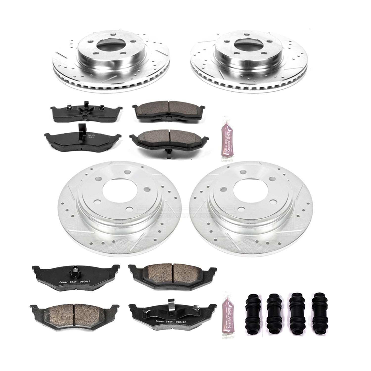 Power Stop K6177 Z23 Carbon Fiber Brake Pads Front and Rear with Drilled & Slotted Brake Rotors Kit For Chrysler Concorde 1998-2004, Dodge Intrepid 1998-2004 [Model Specific]