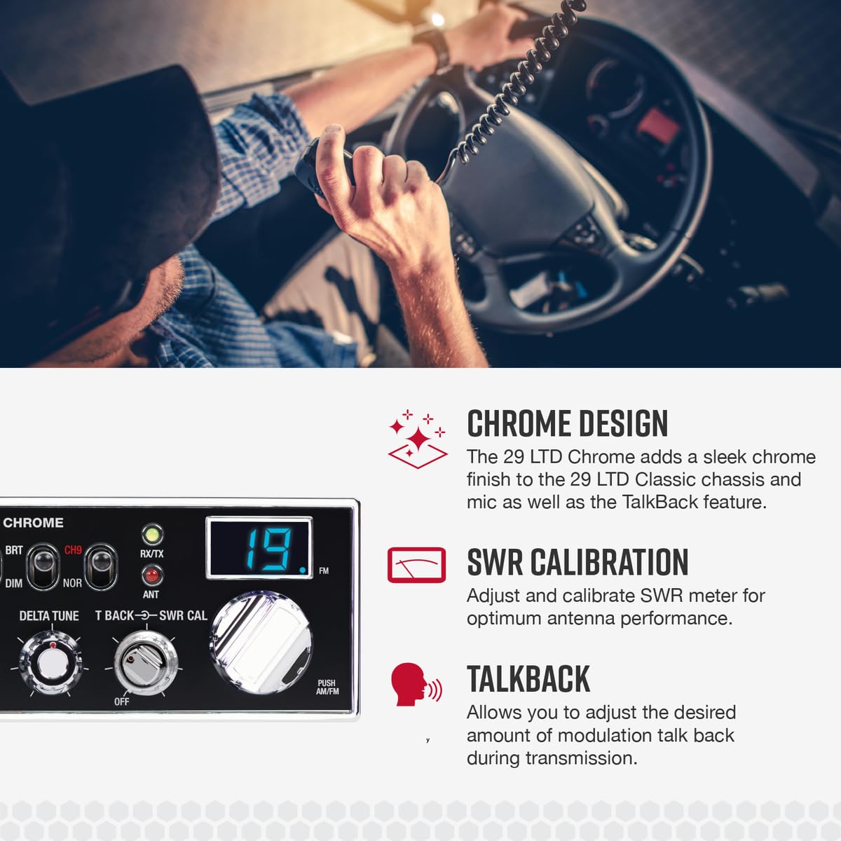 Cobra 29 Chrome AM/FM Professional LTD CB Radio - Easy to Operate, Emergency Radio, Instant Channel 9, 4-Watt Output, Full 40 Channels, Adjustable Receiver and SWR Calibration