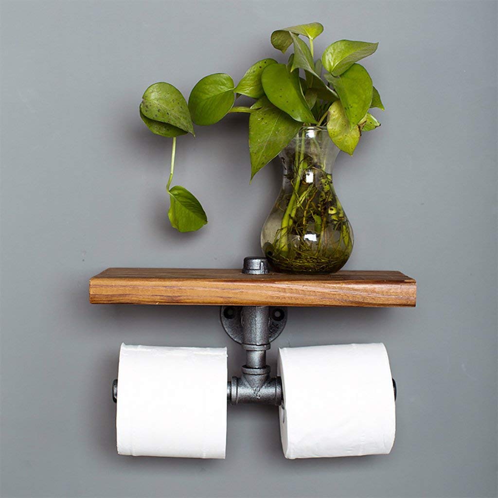 Towel Bar YIMJ Pipe Design Rustic Style Wood Metal Wall Bathroom Shelf Organization Storage Wall Hanging Racks Paper Towel Holder For Toilet