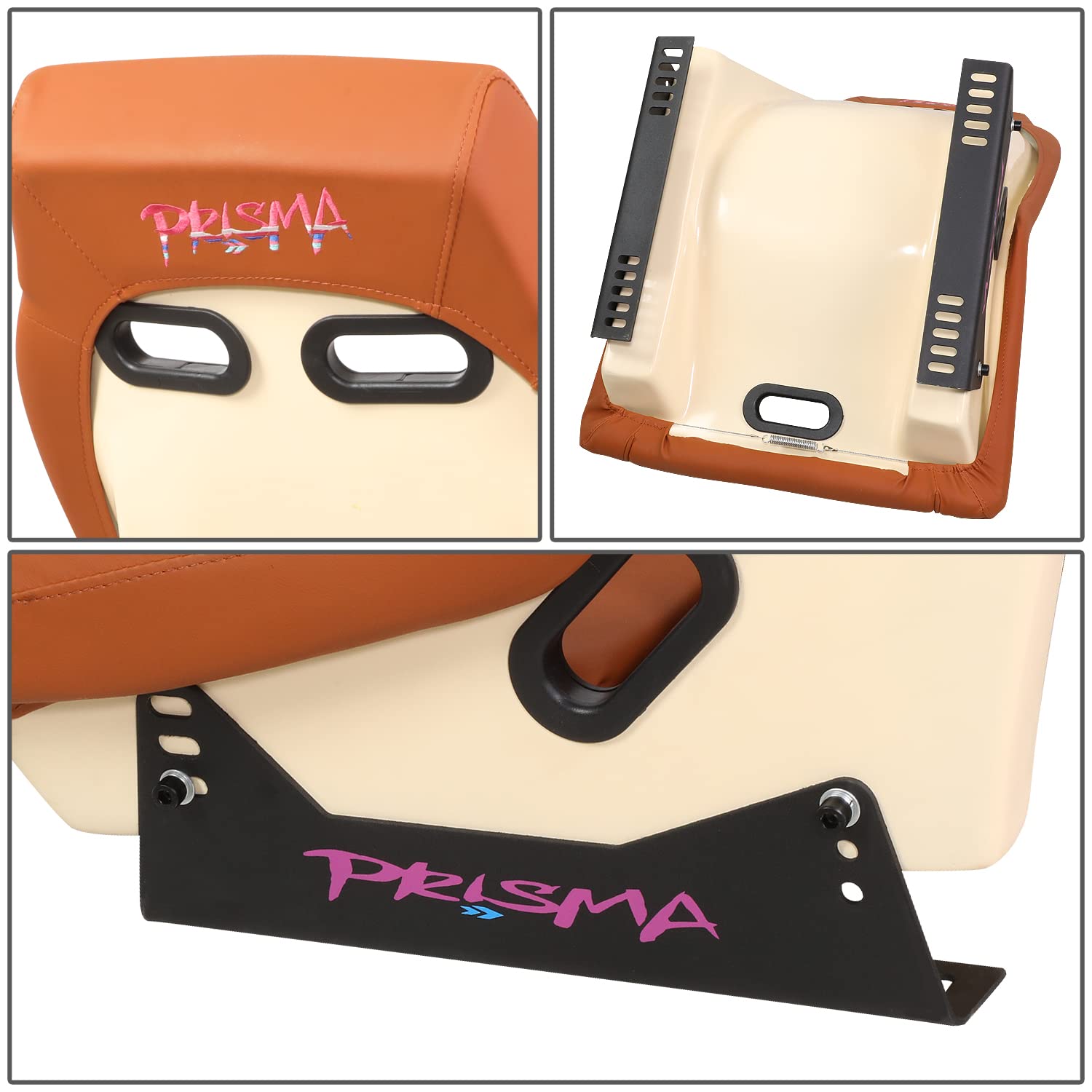 NRG Innovations Prisma GT Fixed Back Bucket Racing Seat with Brown Leather Brown Stitching/Stardust Off-White Back, PRI-100BR