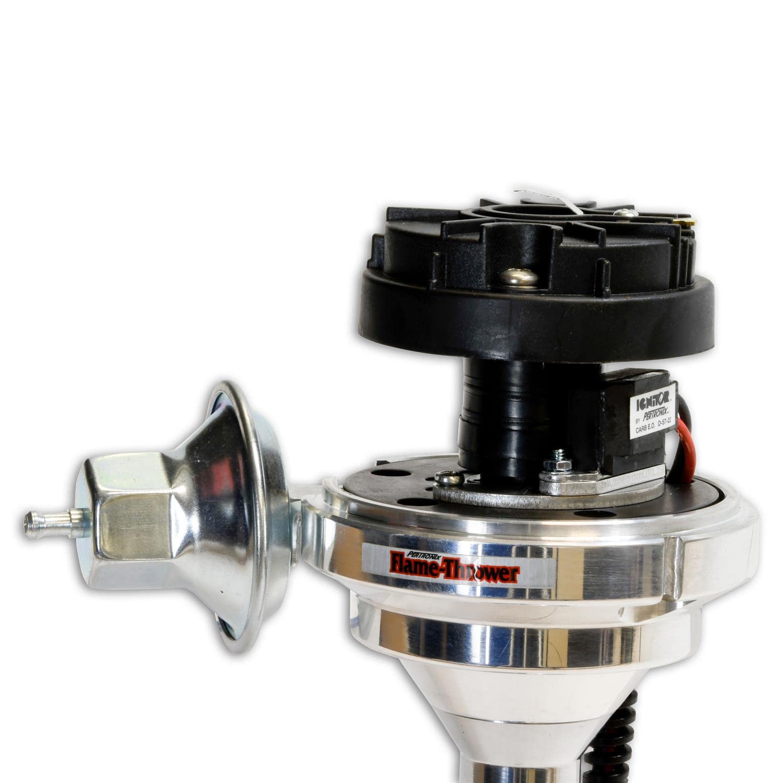 FLAME-THROWER PERTRONIX BILLET DISTRIBUTOR WITH IGNITOR ELECTRONICS FOR CHEVY CORVAIR VACUUM ADVANCE WITH BLACK FEMALE STYLE CAP