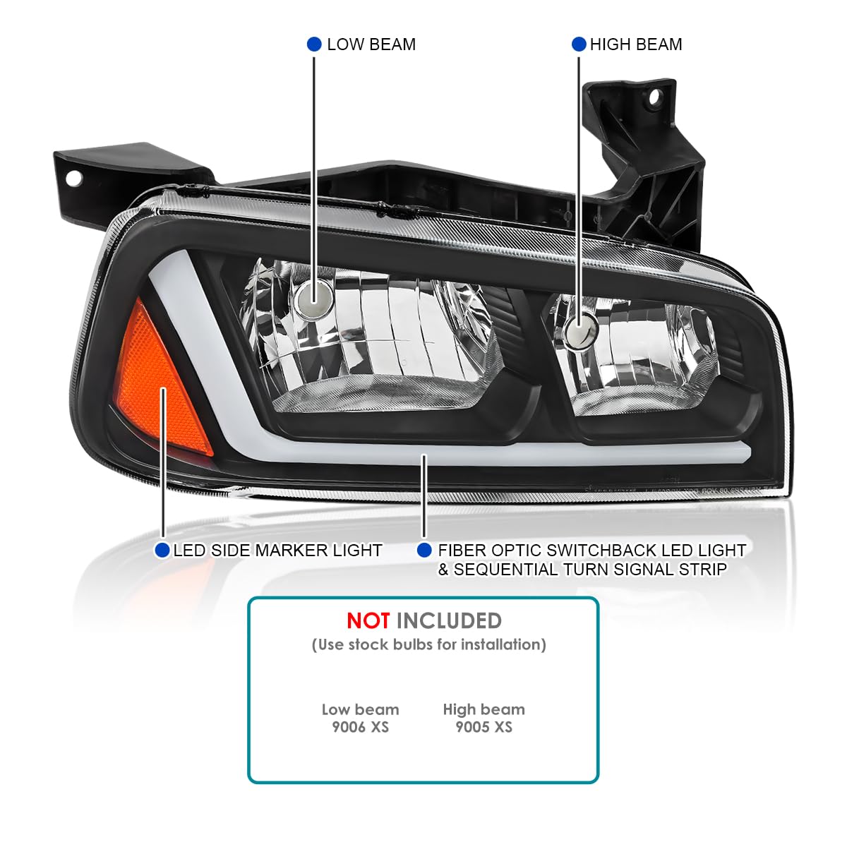 Black SPEC-D TUNING Headlights w/Fiber Optic LED Strip and Turn Signal Light Compatible with 2006-2010 Dodge Charger 4Dr Sedan, Left + Right Pair Headlamp Assembly