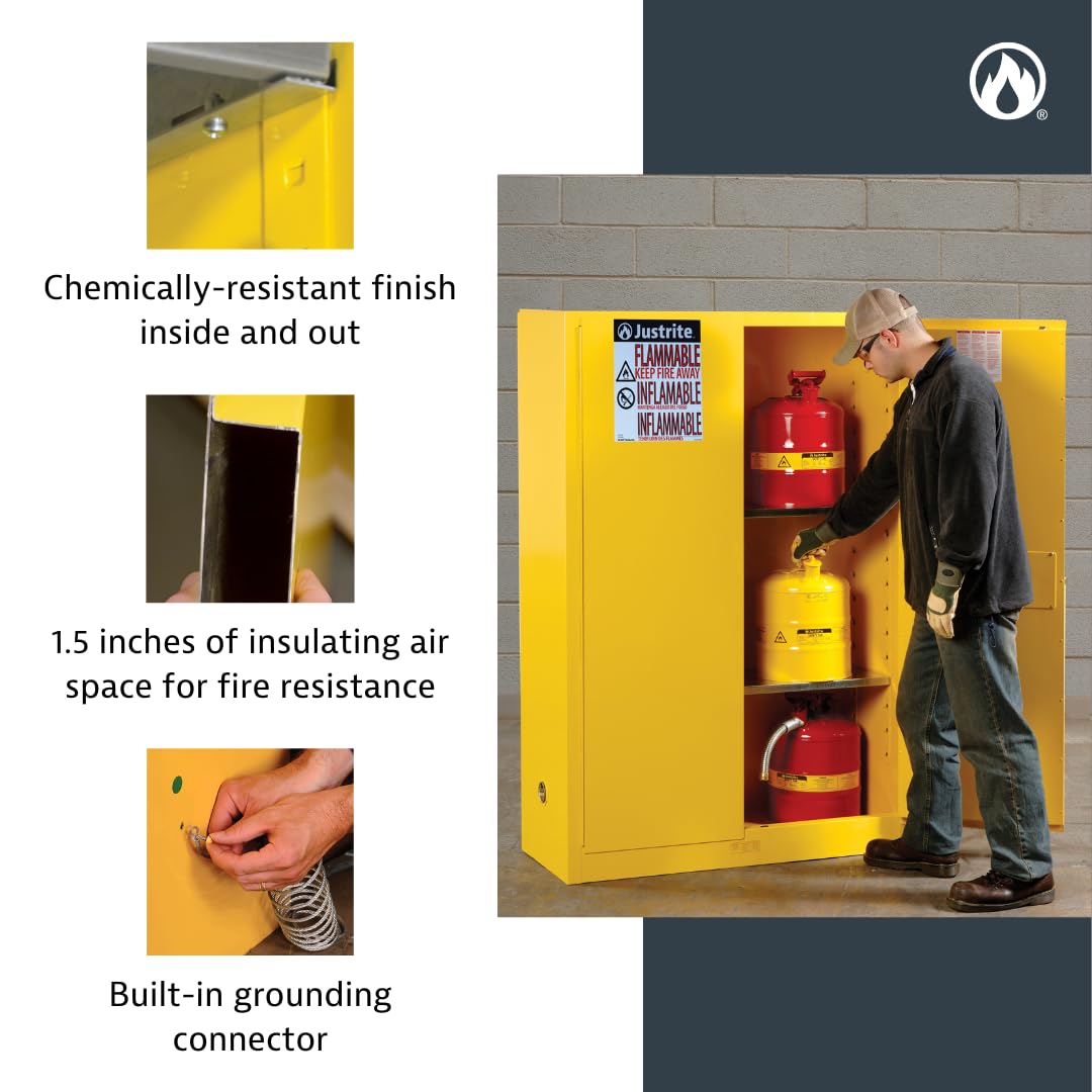 60 Gallon Justrite Self Close Flammable Storage Cabinet, 18 Gauge Steel, 2 Shelves, 2 Door Fire Cabinet, 65" x 34" x 34", Made in The USA, Red, 896021