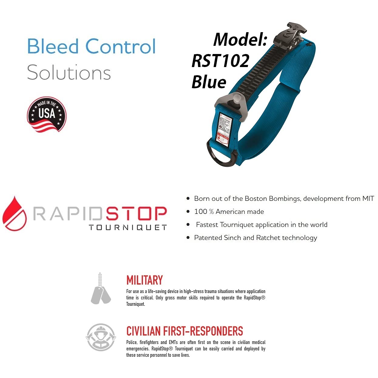 Aero Healthcare RAPIDSTOP RST102 Blue Tourniquet for Emergency Outdoor First Aid Tactical Life Saving Hemorrhage Control, Single-Handed Operation of Hemostatic Bandage. Made in The USA