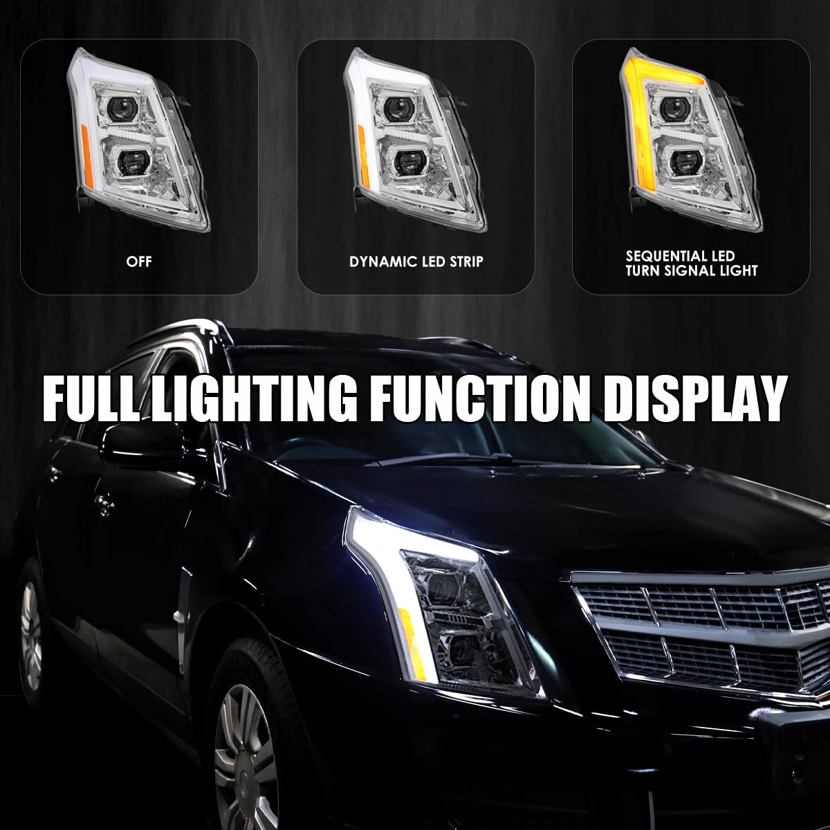 Full LED Projector Headlights SPEC-D TUNING w/LED DRL Light Bar, Sequential Signal, and Startup Animation Compatible with 2010-2016 Cadillac SRX, Left + Right Pair Headlamps Assembly