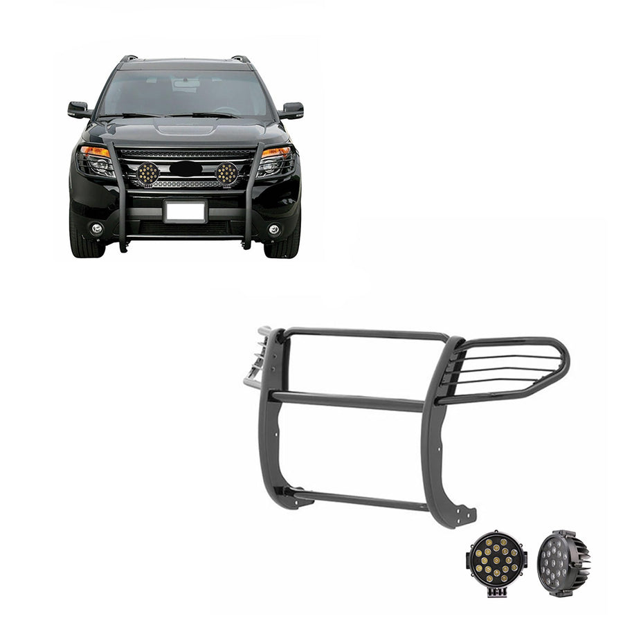 Grille Brush Black Horse Bumper Guard Modular Come with Pair of 7.0" Dia.LED Lights with Black Trim Rings Compatible with 2016-2019 Ford Explorer-17FJ30MA-PLB