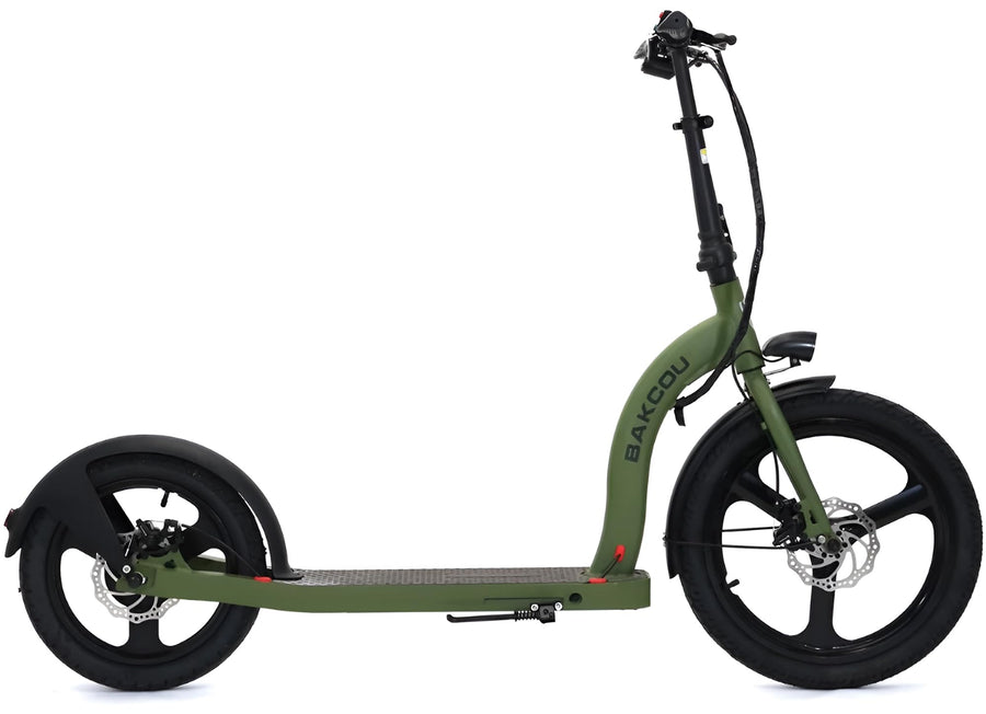 Bakcou - Badger Foldable Electric Scooter with Seat - Matte Green - 350W Motor 36V Battery, Large Wheels, Disc Brakes with Lights, Horn & Charger