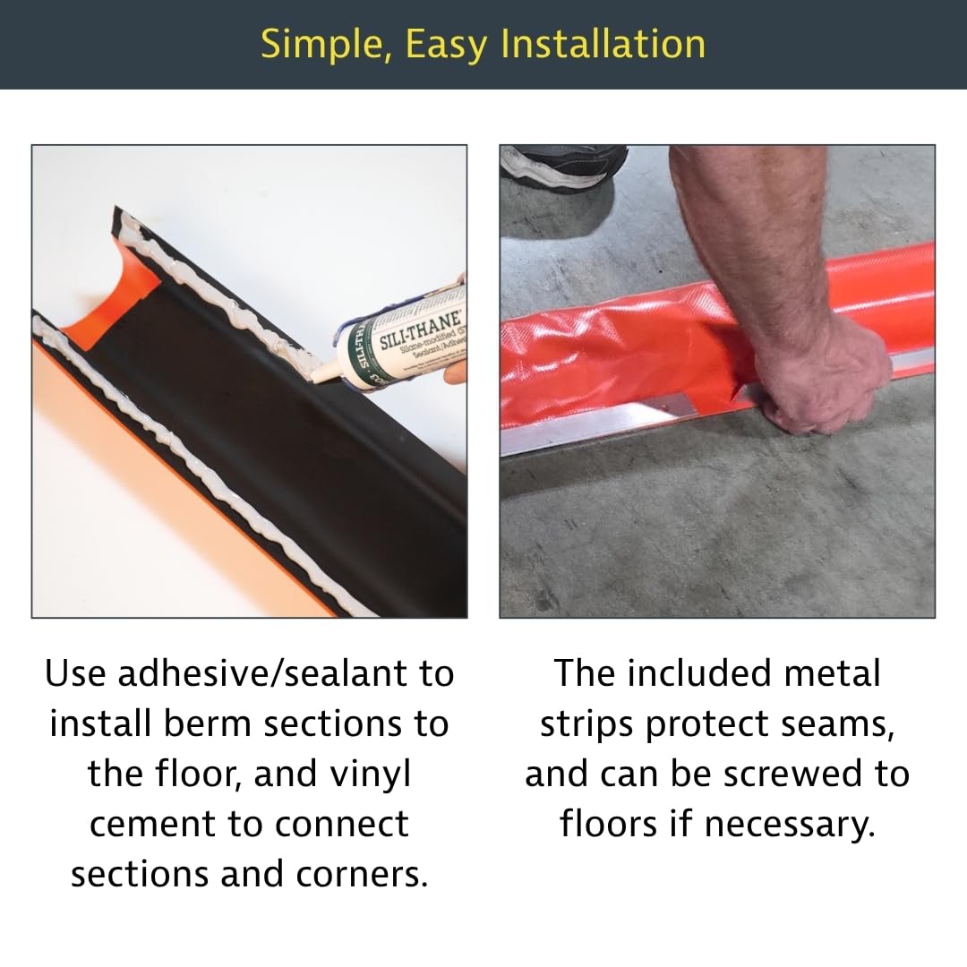 Justrite Fuel Spill Make-A-Berm™ Containment Curbs 12.5' Long x 2" High Heavy Duty Straight Section, Custom Chemical Spill Containment Berm System, Orange PVC Coated Fabric, Made in The USA, 28491