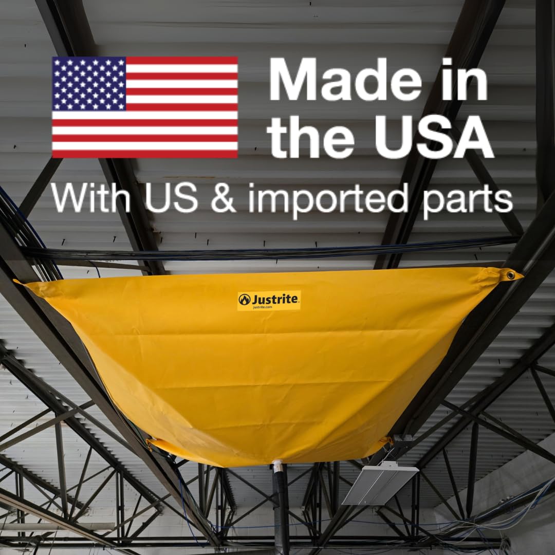 Justrite Leak Diverter Ceiling Tarp with Hose Connection and Corner Grommets, 12' x 12' Puncture-Resistant and Watertight PVC-Coated Fabric, for Temporary Leak Fix, Made in The USA, Yellow, 28312