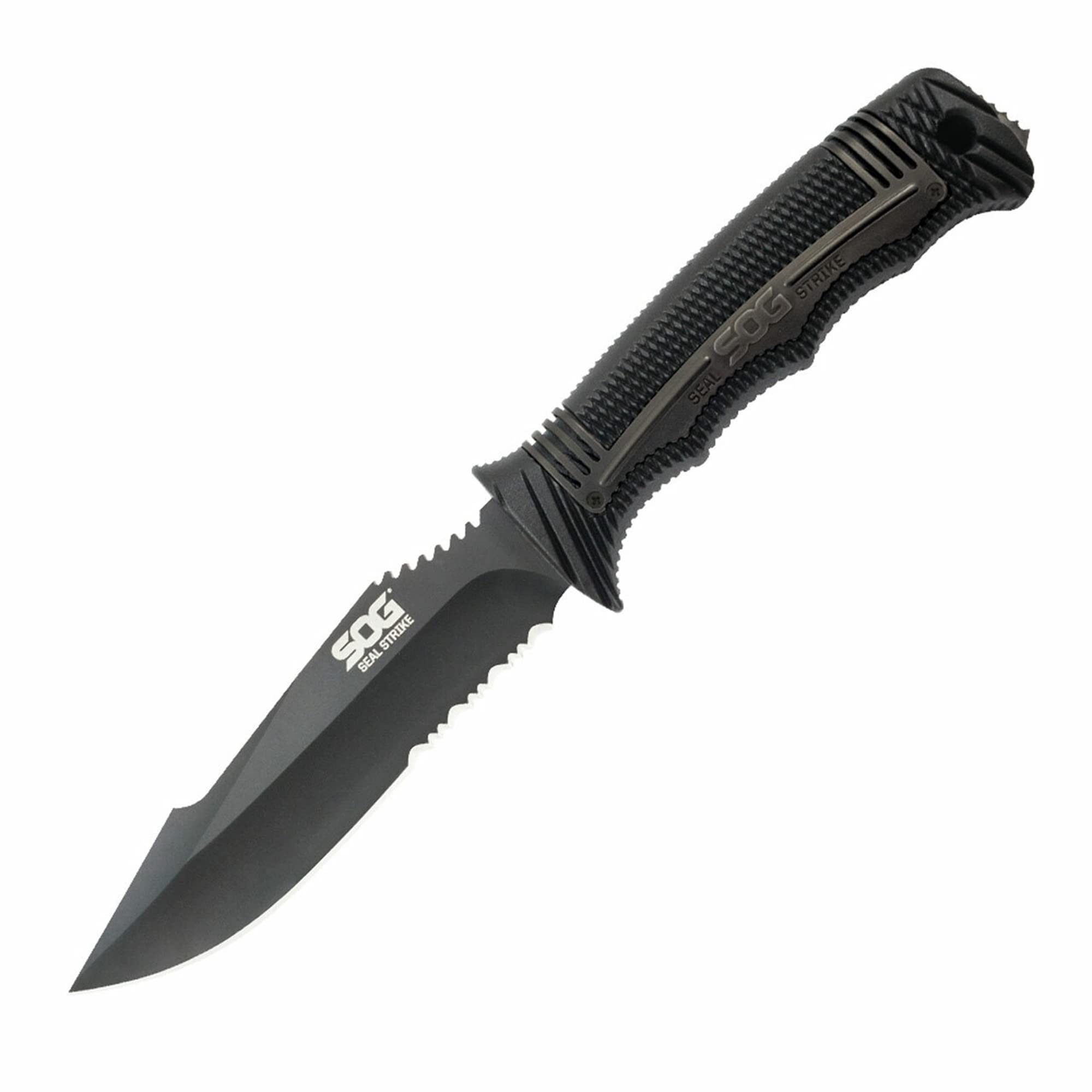 SOG Fixed Blade Seal Strike Knife with Sheath- Tactical and Hunting Knife with 4.9 Inch Partially Serrated Bowie Knife Blade and Survival Knife Line Cutter (SS1003-CP)