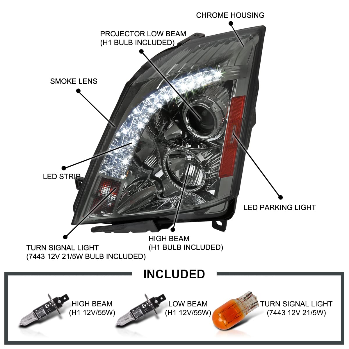 Spec-D Tuning SMD LED Chrome Smoke Projector Headlights Compatible with 2008-2013 Cadillac CTS Left + Right Pair Headlamps Assembly