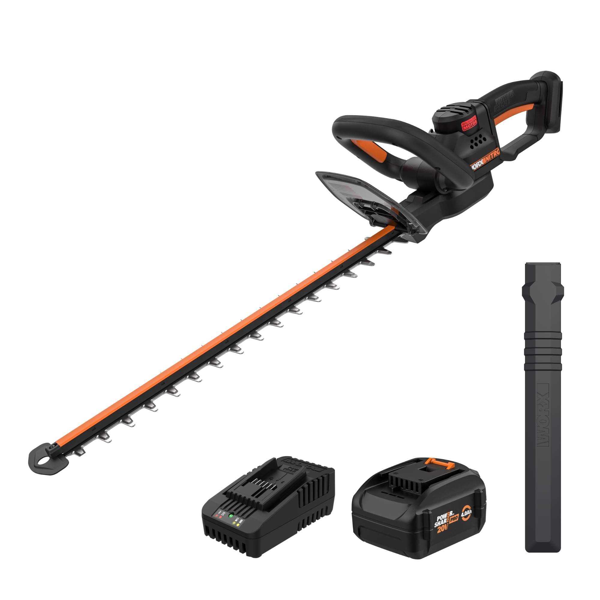 WORX 22" Nitro Cordless Hedge Trimmer, Electric Hedge Trimmer with Dual-Action Blades & 3400 SPM, Brushless Bush Trimmer Cuts Branches 1" Thick, 4.0 Ah Battery & Charger Included, WG263
